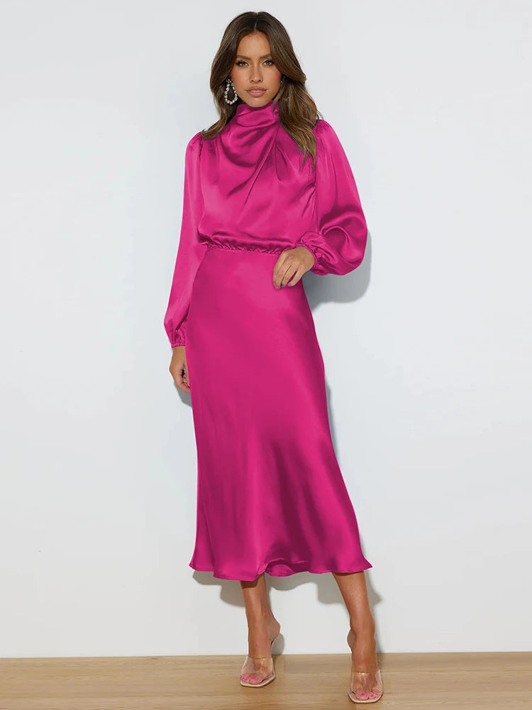 Spring Summer New High-End Satin Long Sleeved Dress Women's Ladylike Elegant Evening Dress Party Clothes Celebrity Dresses