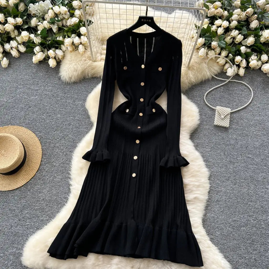 Elegant Women Solid Knitted Dresses Autumn V-Neck Single Breasted Chic Flared Sleeve Ruffles Hem Casual Female Slim Office Robes
