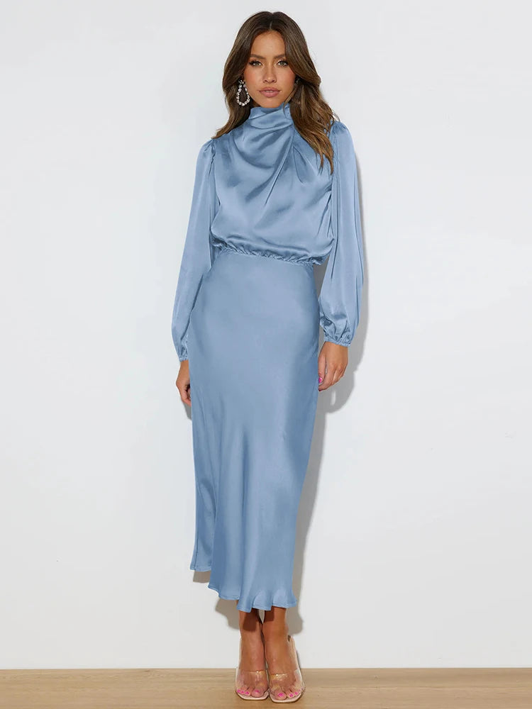Spring Summer New High-End Satin Long Sleeved Dress Women's Ladylike Elegant Evening Dress Party Clothes Celebrity Dresses