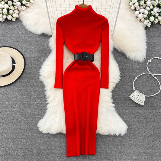 Elegant Turtleneck Long Sleeve Knit Soft Tight Pencil Dress with Belt Slim Fashion Warm Sweater Vestido Sexy Women Winter Robe