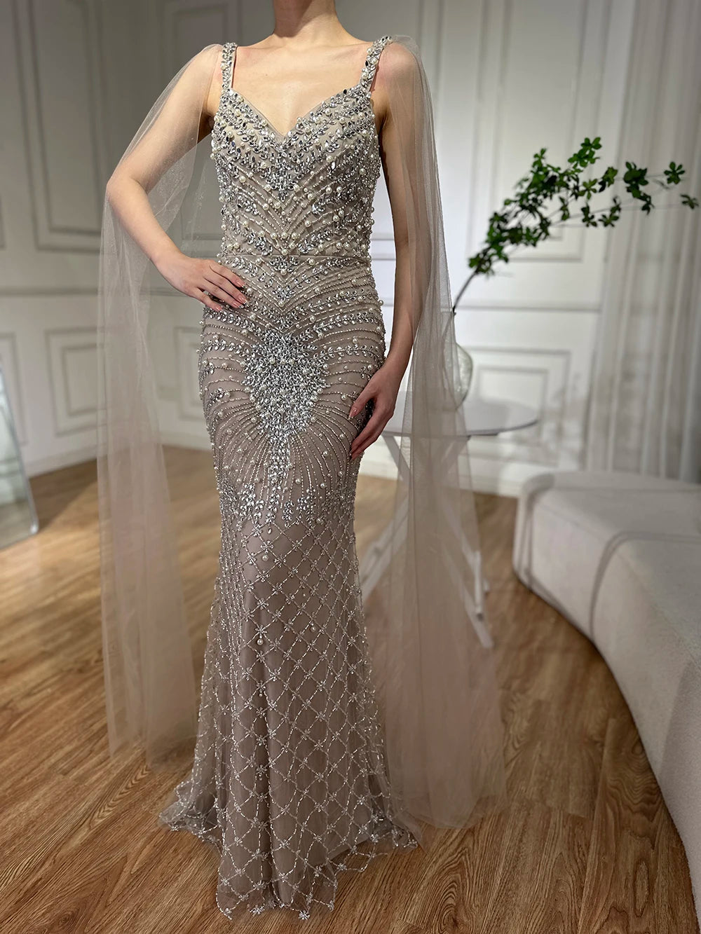 Serene Hill 2024 Arabic Nude Mermaid Cape Sleeve Beaded Luxury Saudi Evening Gown for Formal Occasion LA72748
