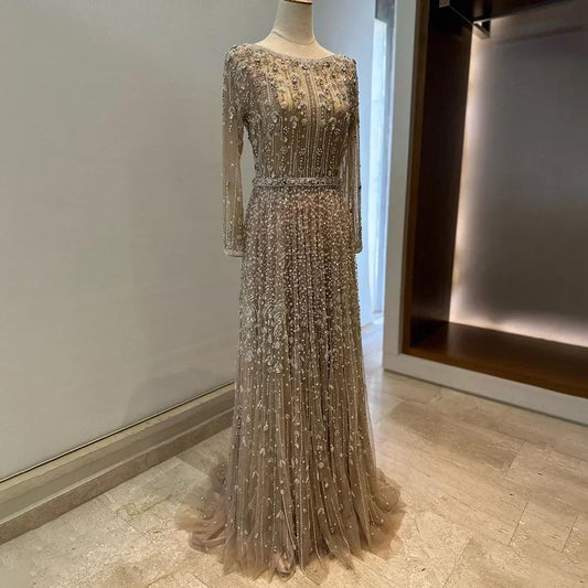 Dubai Arabic Designer Luxury Nude A Line Beaded Evening Dresses Gowns For Women Wedding Party 2023 BLA72088 Serene Hill