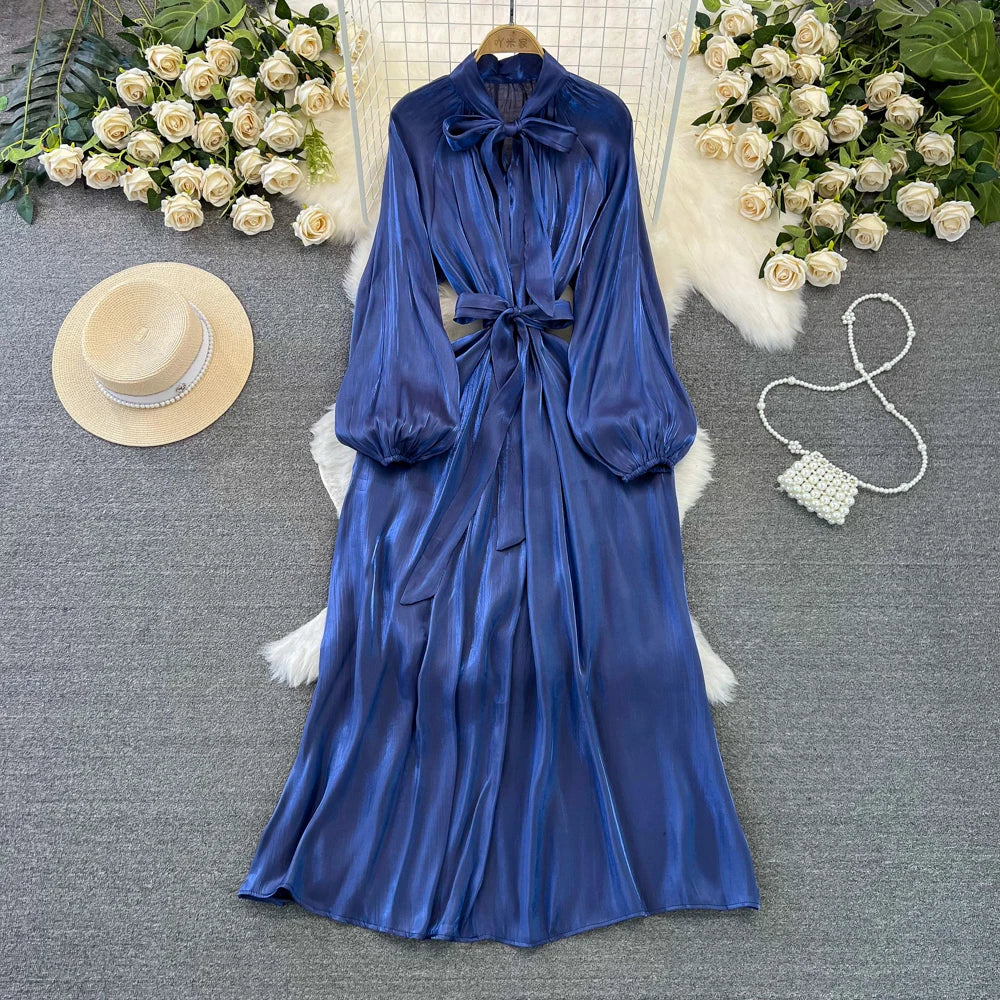 Autumn Elegant Women Fashion Party Long Dress Bow Lace Up Long Sleeve Evening Dresses A-Line Casual Vestidos One Piece Prom Robe