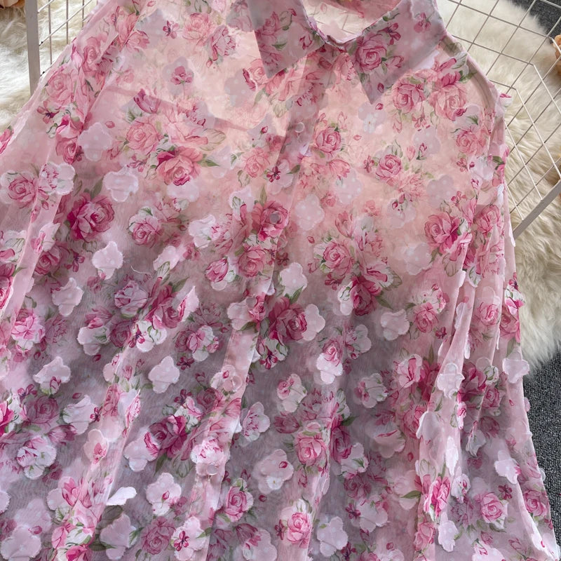 Clothland Sweet Appliqued Floral Blouse Suit Two Piece Pink Set Long Sleeve Shirts Mini Shorts Spring Set TZ228