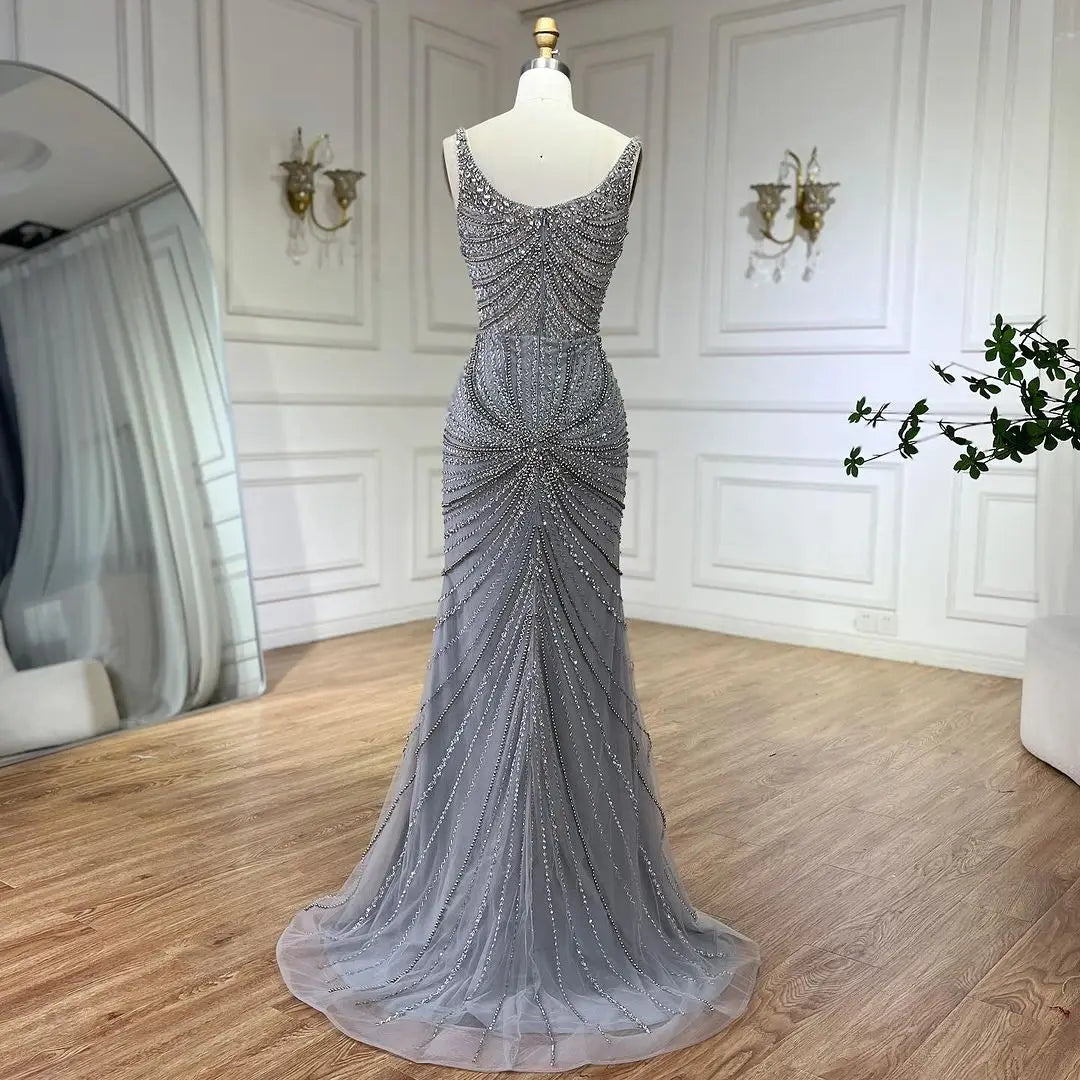 SERENE HILL 2024 Arabic Nude Spaghetti Strap Mermaid Luxury Beaded Evening Dresses Gowns For Women Wedding Party GLA72356
