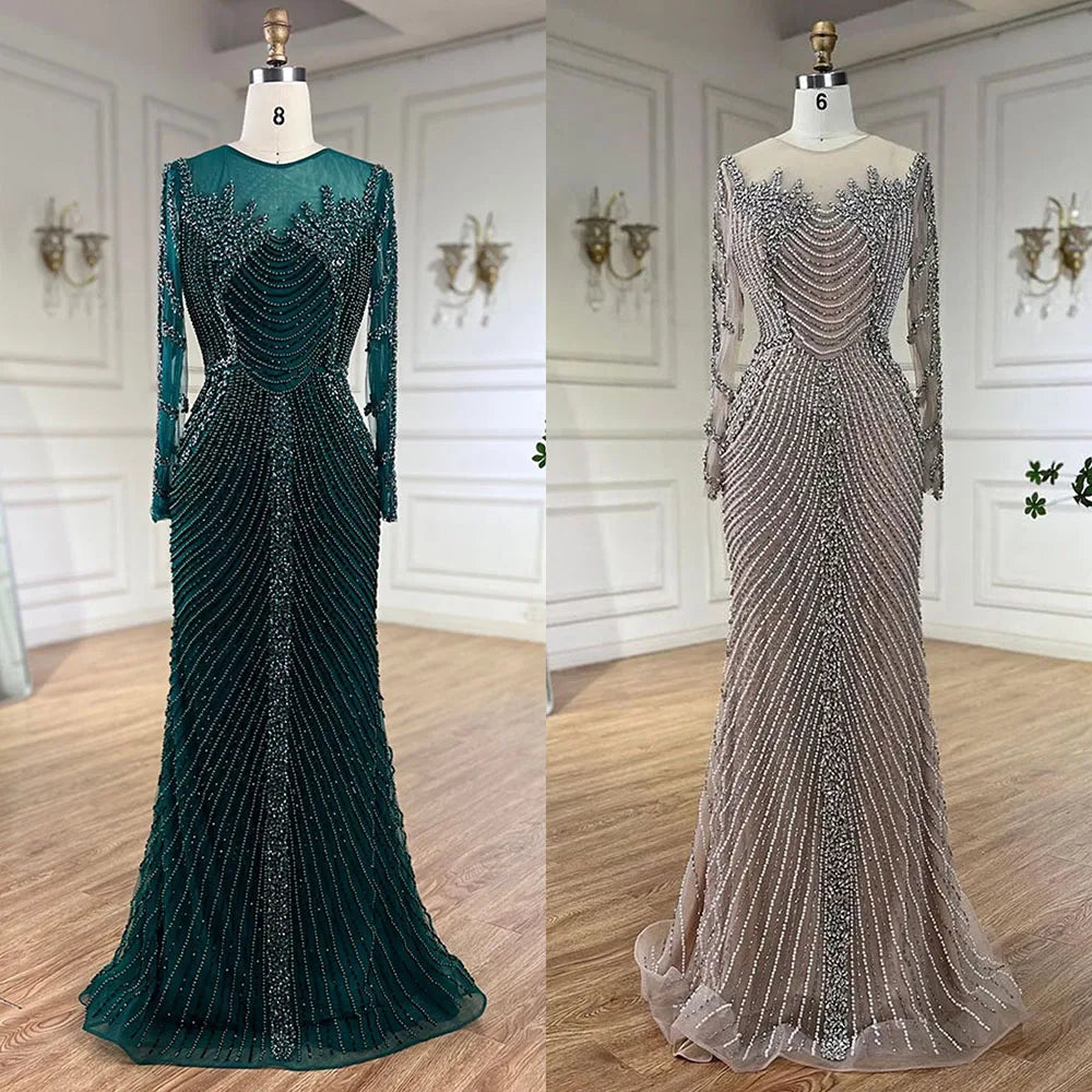 Serene Hill Luxury Crystal Pearls Dubai Sliver Nude Evening Dresses for Women Wedding Formal Prom Party Gown BLA72478