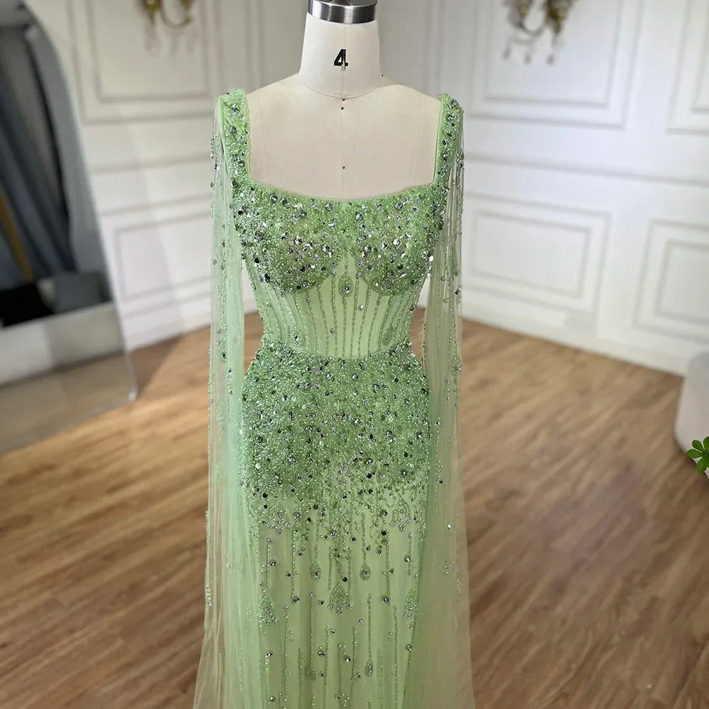 Serene Hill Arabic Gray Mermaid Beaded Luxury Dubai Long Evening Gown with Cape Sleeves Elegant for Women - Party 2024 BLA72592