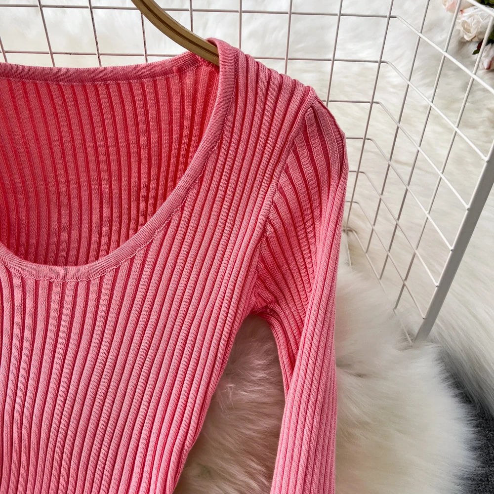 Women Chic Elegant Long Sleeve Bodycon Vneck Dress Sexy French Fashion Knit Wrap Vestidos Elastic Slim Pencil Sweater Dress