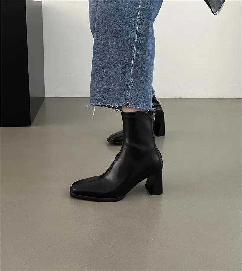 New Women's Ankle Boots Women Winter Black Sexy Square Head Low Heels Footwear Zip Comfy Short Boots White Stretch Tight Boots
