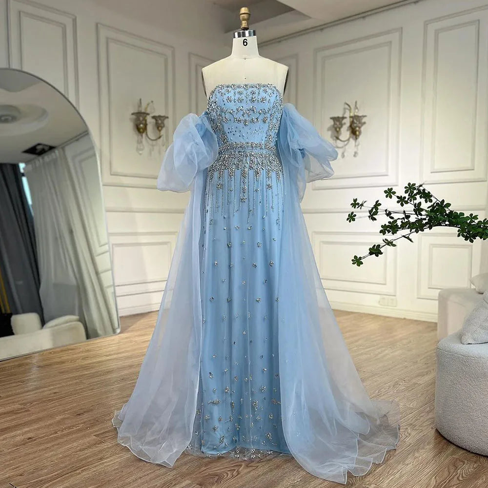 Serene Hill Black Sexy Off the Shoulder Puff Sleeves Evening Dresses Beaded Overskirt Mermaid Party Gown For Women 2023 BLA72002