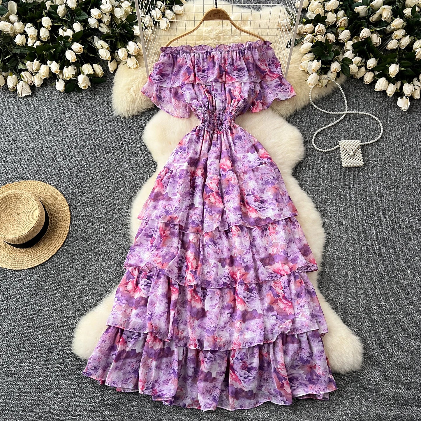 French Vintage  off shoulder short sleeve ruffle Dress Chic Casual Beach Vacation Women Summer chiffon dresses