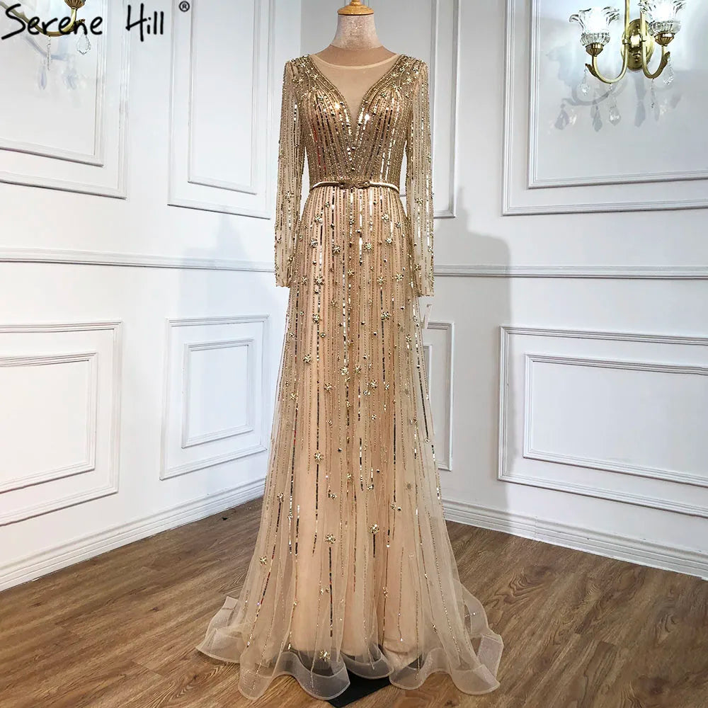 Serene Hill Muslim Gold A-Line Luxury Evening Dresses Gowns 2022 Sparkle Beaded Long Sleeves Sexy For Women Party GLA70674