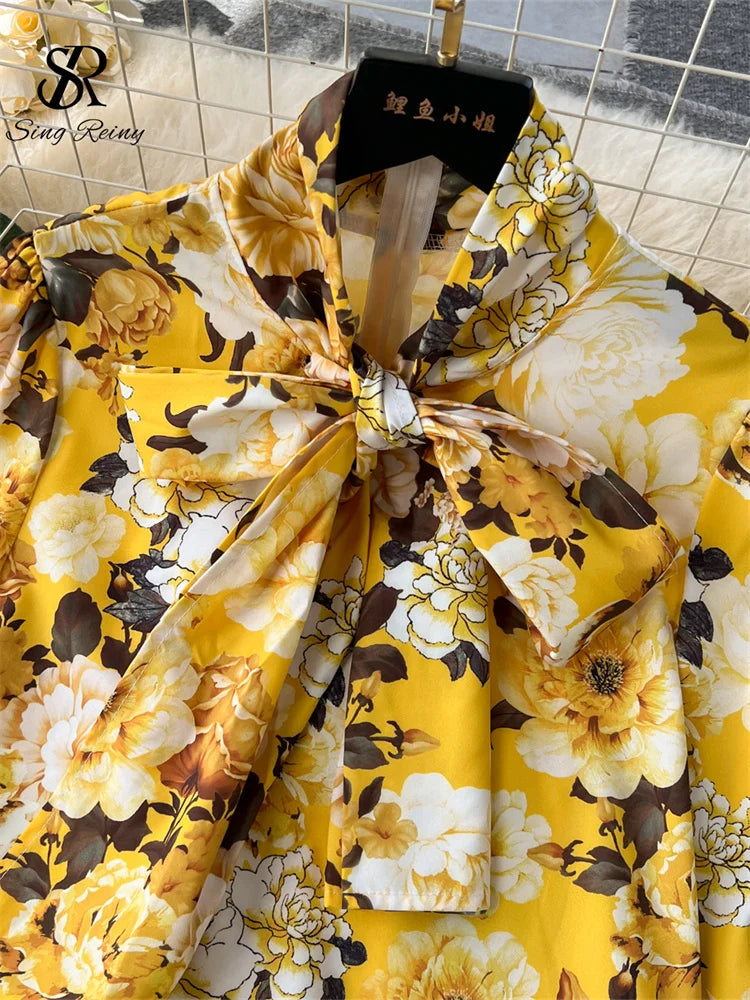 SINGREINY Fashion Printed Suits Women Bow Collar Lantern Sleeve Floral Blouse+Belt Solid Long Pants Streetwear Senior Sets