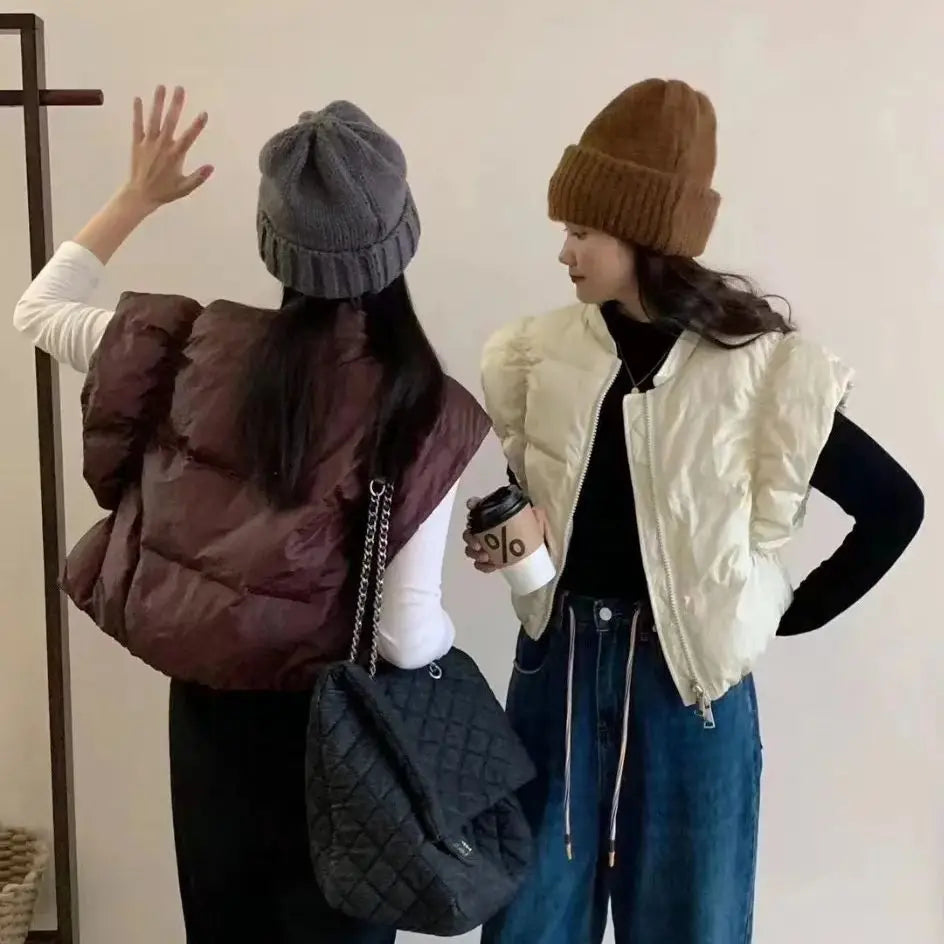 Women's Trendy Down Jacket Vest Winter Chic Sleeveless Zip Coat Round Neck Cropped Warm Waistcoat Female Spring 2024 New