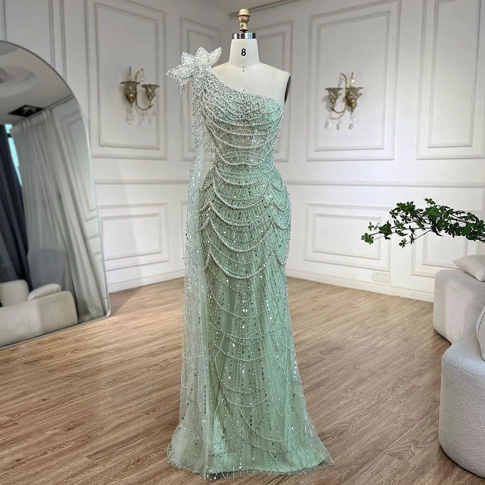 Serene Hill Sage Green Mermaid One Shoulder Pearls Luxury Dubai Arabic Evening Dresses Gowns For Women Wedding Party LA72511