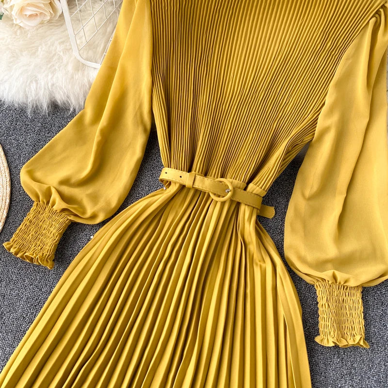 Chic Pleated Elegant Puff Sleeve Dress A-line Chiffon High Waist Belt Beach Vacation Party Dress Women Summer Spring Vestidos