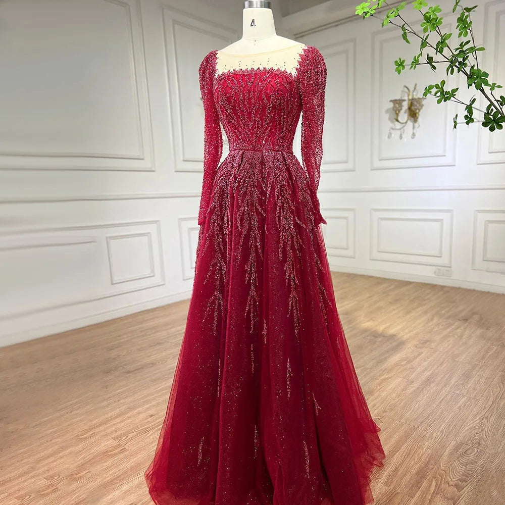 Serene Hill Muslim Pink A Line Beaded Luxury Dubai Long Evening Dresses Gowns 2024  For Woman Wedding Party LA71915
