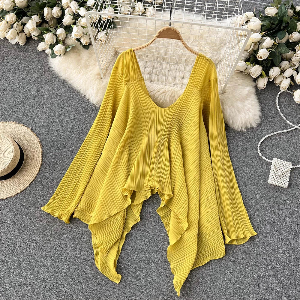 Clothland Stylish Yellow Blouse Set Two Piece Set Irregular Shirt Long Pants Pleated Women Chic Spring Suits TZ234