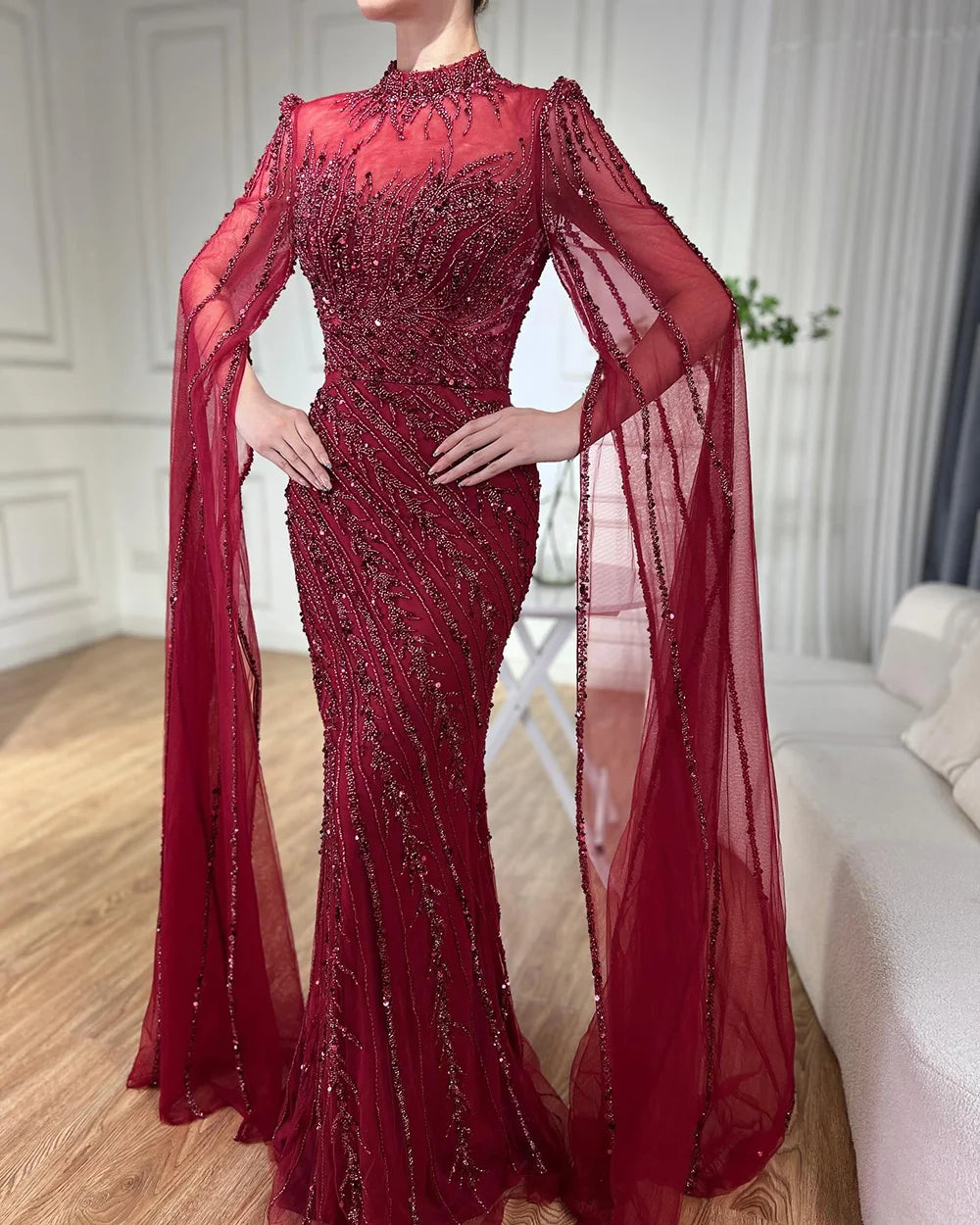 Serene Hill 2024 Nude Cape Sleeves Mermaid Lace Beaded Luxury Dubai Long Evening Dresses Gowns For Formal Occasion LA71885A
