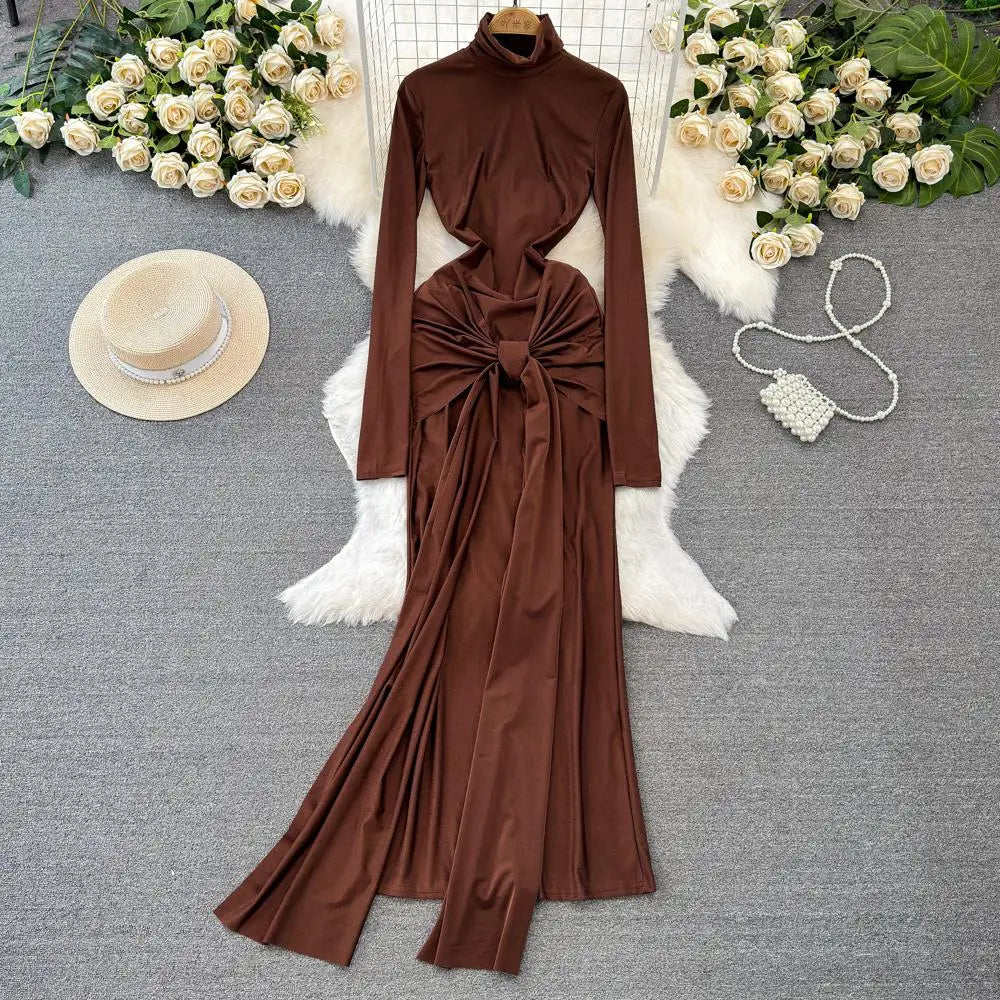 Autumn Solid Long Sleeve Party Dress for Women Sexy Bodycon Stand Collar Evening Dresses Bow Bandage Pleated Slim Waist Vestidos