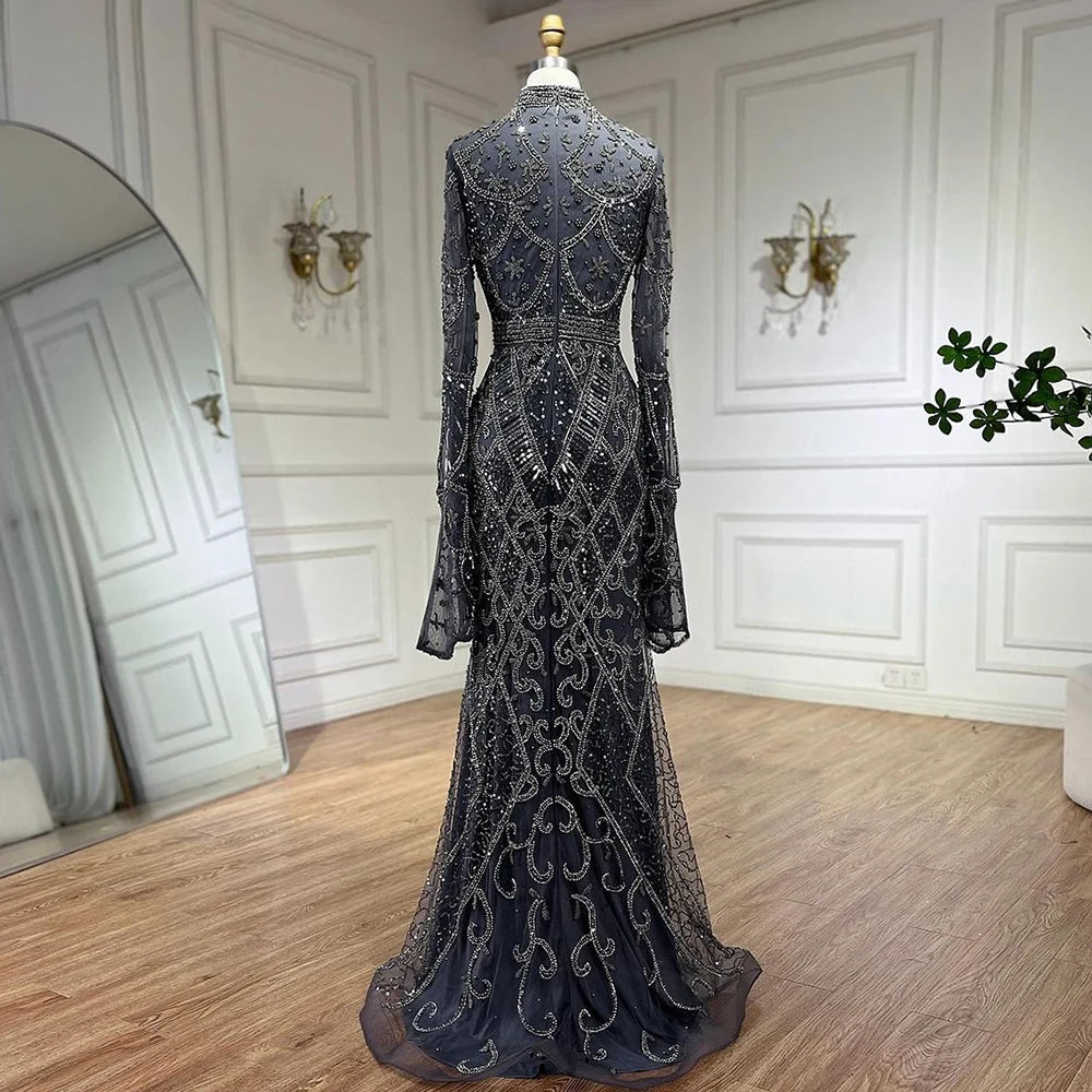 Serene Hill Muslim Grey Mermaid Elegant Nude Cape Sleeve Beaded Luxury Dubai Long Evening Dress 2024 Women's Party LA72316