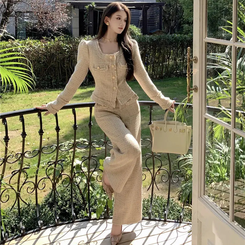 Women's Luxury Slim Tweed Pants Suits High Waist Long Trousers+Square Collar Cropped Coat Elegant 2 Piece Set Female Outfits
