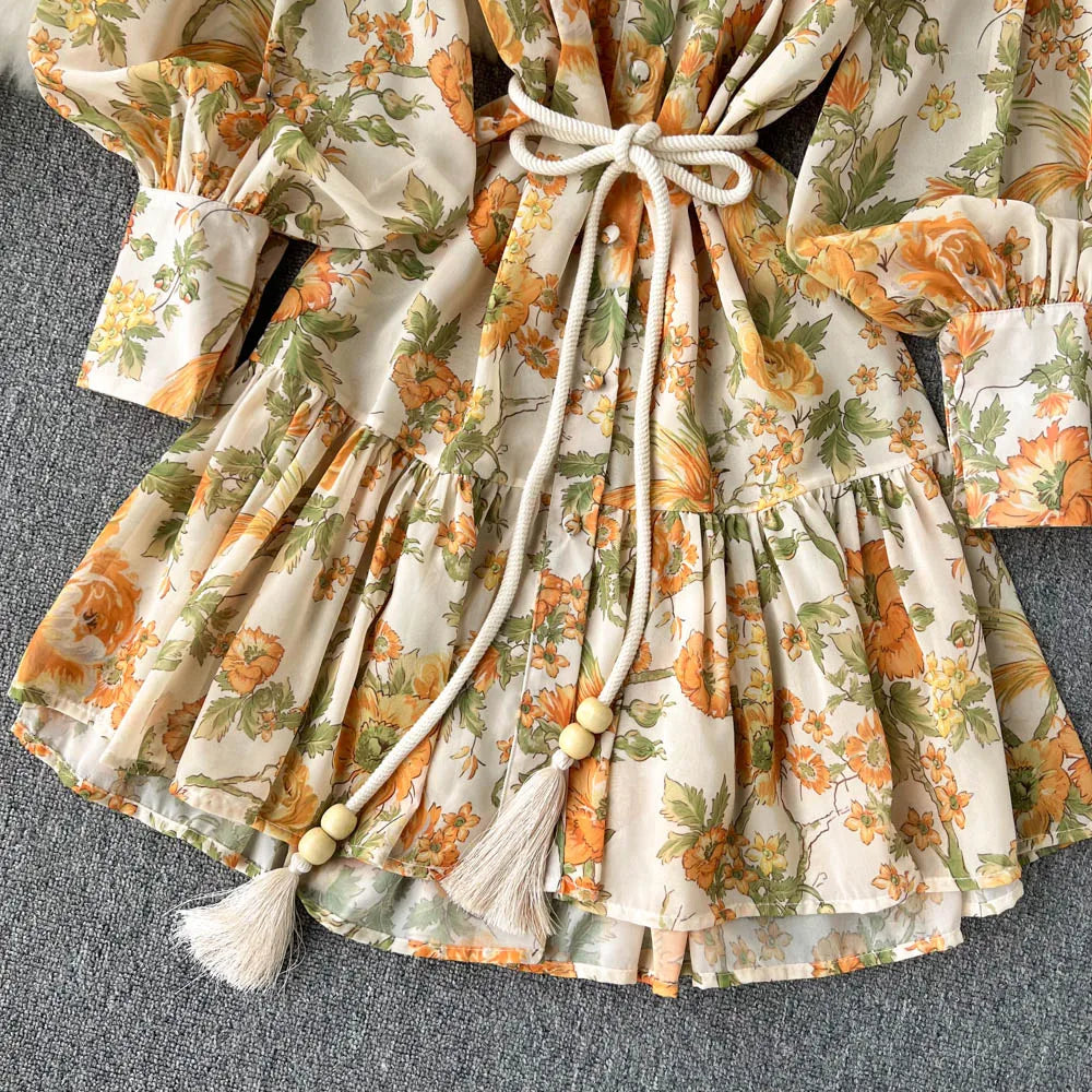 Elegant Party Dresses For Women Stand Collar Vintage Floral Print Dress Long Sleeve Holiday Beach Chiffon Mini Dress With Belt