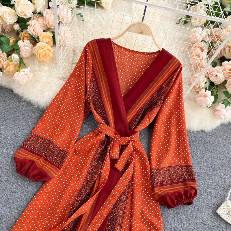 Vintage Print Elegant Puff Sleeve One Piece Dress A-line Lace-up Beach Vacation Midi Dress Women Fashion Spring Autumn Vestidos