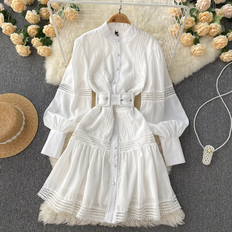 Wedding Guest Dresses For Women Lace Trim Luxury Party Dress Stand Collar Long Sleeve Button Up Holiday Mini Dress With Belt