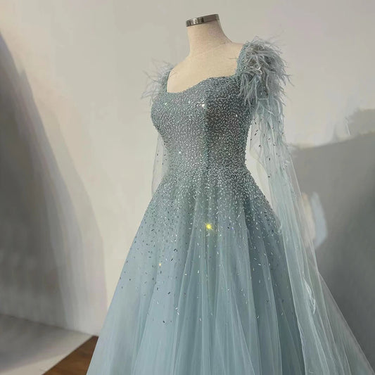 Serene Hill Arabic Blue A Line Feathers Cape Sleeves Beaded Luxury Saudi Evening Dresses Gowns for Formal Occasion 2024 LA71782A