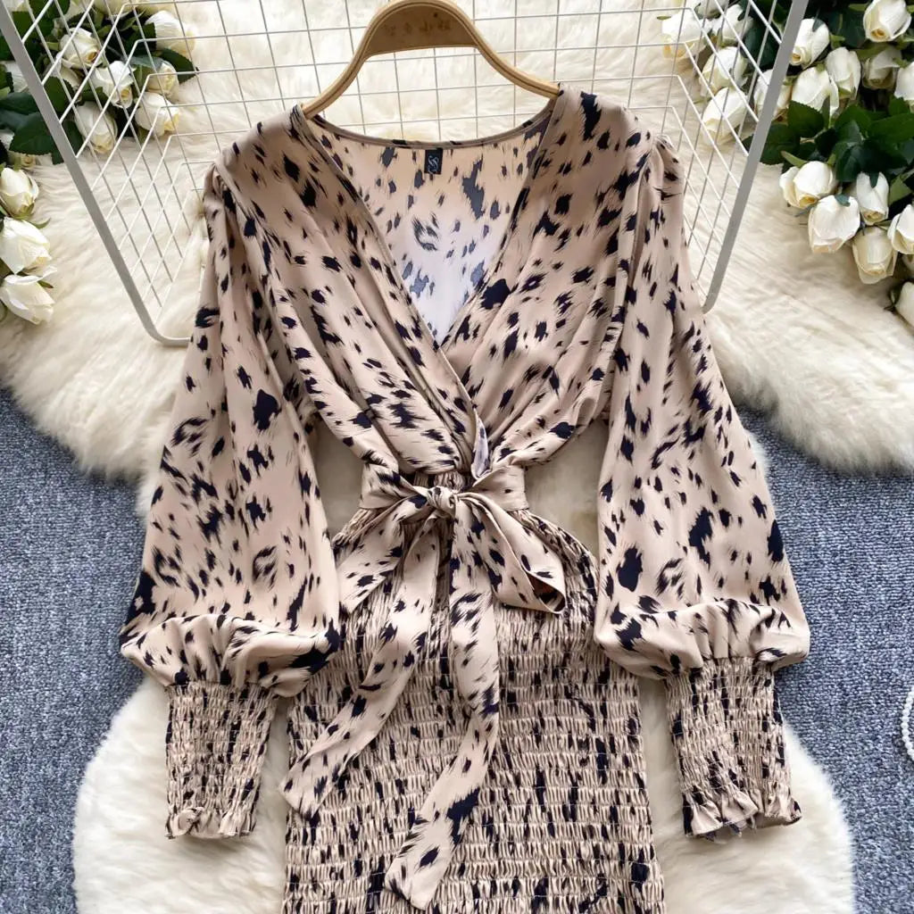 Women Casual Vintage Print Ruffle Long Dress Autumn Elegant V Neck Lantern Sleeve Party Mermaid Dresses Holiday Female Mujer New