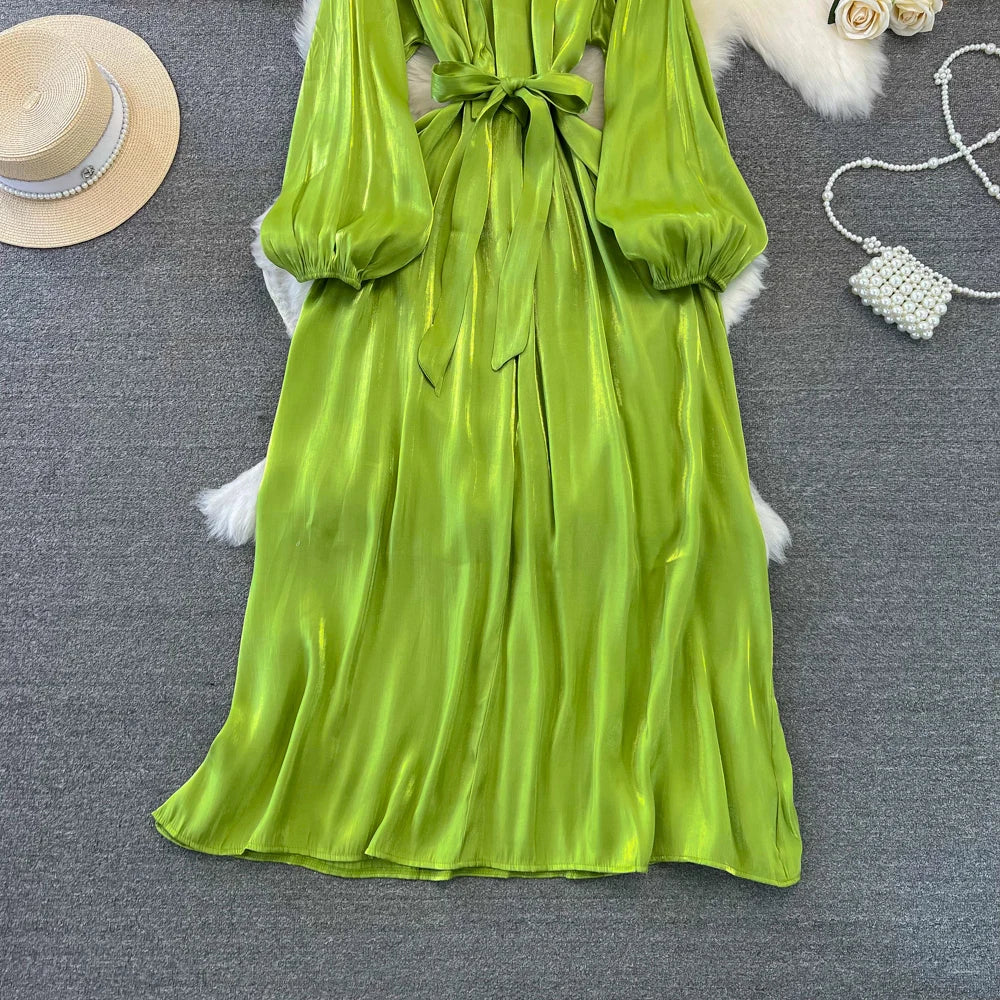 Autumn Elegant Women Fashion Party Long Dress Bow Lace Up Long Sleeve Evening Dresses A-Line Casual Vestidos One Piece Prom Robe