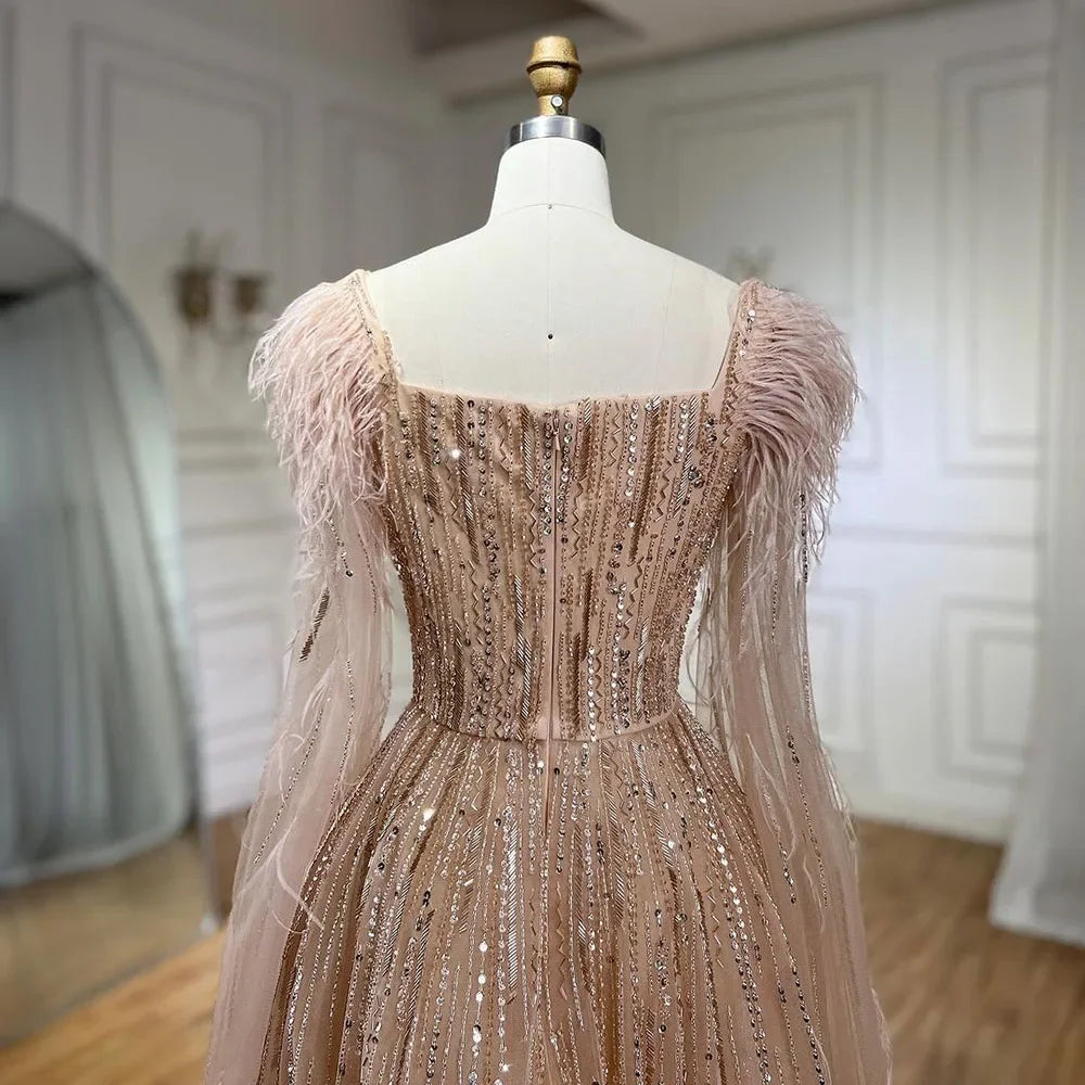 Serene Hill Luxury Dubai A Line Blue Cape Sleeves Feathers Beaded Evening Dresses Gowns 2023 For Women Wedding Party BLA72236