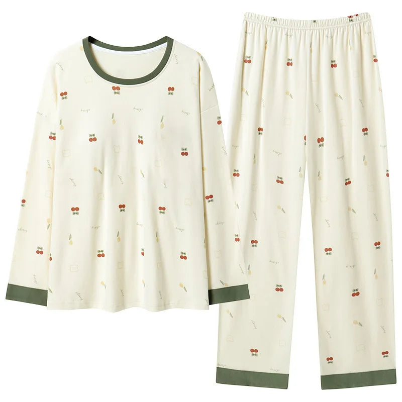 2Pcs/set Women's Pajamas Homewear Autumn and Winter Long Sleeve Long Pants Cartoon Cute Large Size 2xl Round Neck Set Student Pa