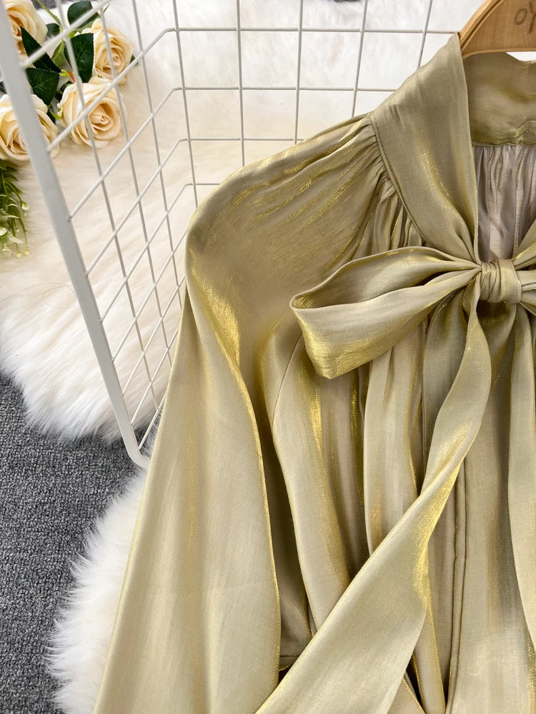 Elegant and Chic Solid Evening Dresses for Women Fashion New Bow Lace Up Flare Long Sleeve A-Line Vestidos Autumn Female Clothes