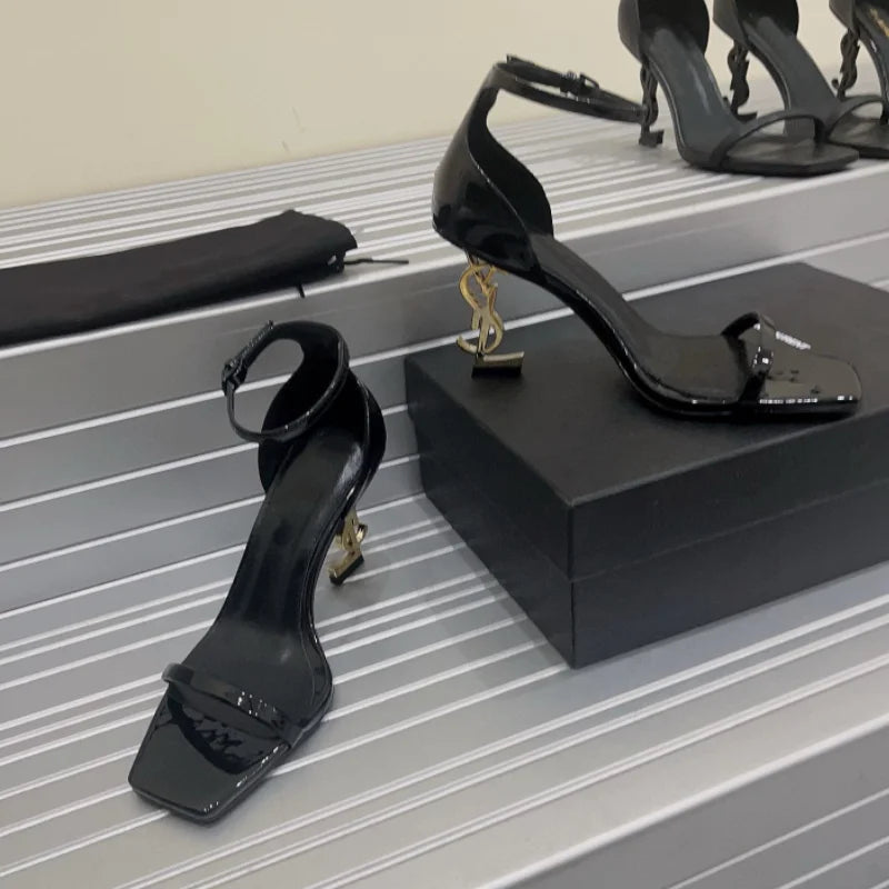 High quality one-line sandals women 2024 new European and American black patent leather sexy letter heels women