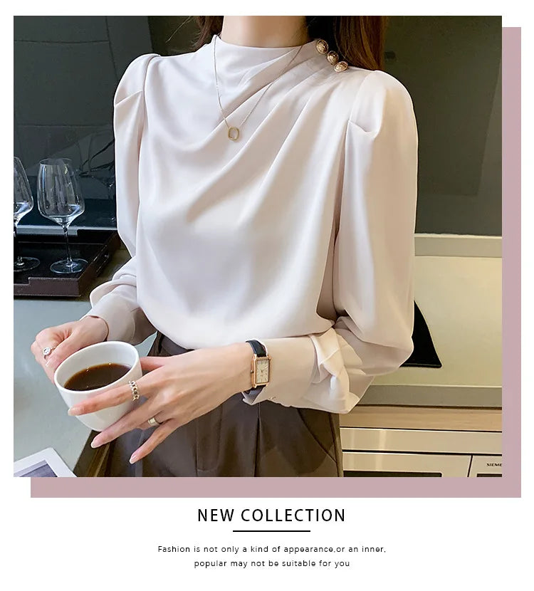 Autumn New Women's Style Stand up Collar Pleated Long Sleeve Top Fashion Lantern Sleeve Loose Elegant Solid Color Shirt Blouse