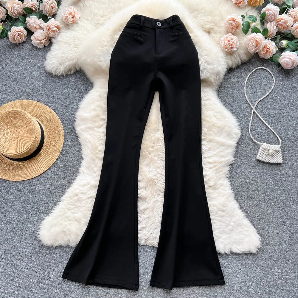 Spring Autumn Retro Flare Pants Women Casual High Waist Draping Slim Wide Leg Bottom Long Pants Korean White Black Trousers