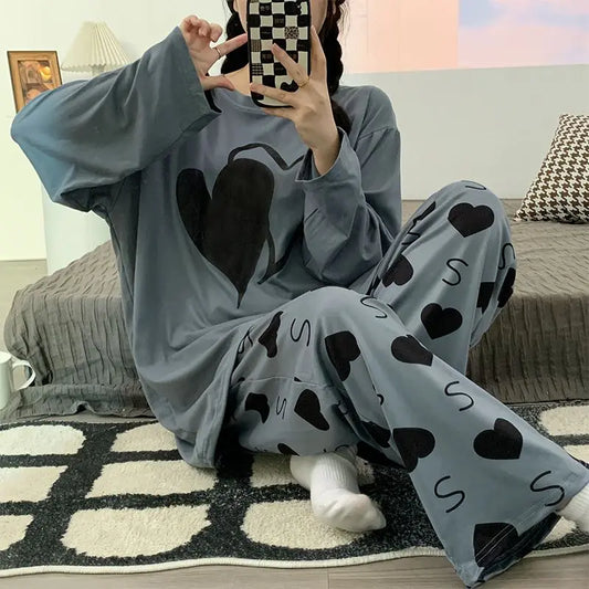 Plus Size 6XL 150kg Women Pajamas Set Long Sleeve Autumn Winter 2PCS Sleepwear Nightwear Female Suit Heart Print Tops and Pants