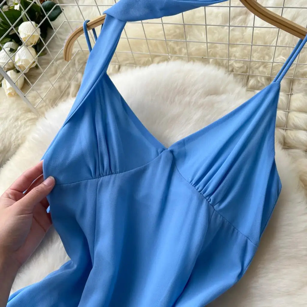 Summer Elegant Casual Women Solid Dress Halter A-Line Beach Holiday Party Long Robe Female Spaghetti Strap Boho Clothes Vestidos
