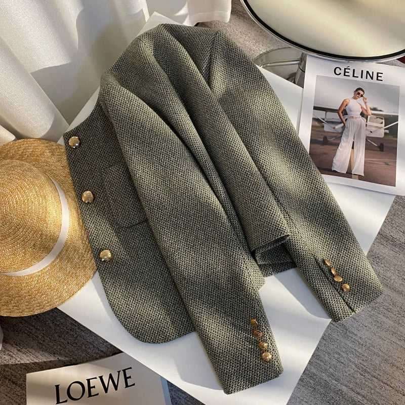 Women's Round Neck Blazer Jacket for Spring and Autumn Trendy Single Breasted Cropped Coat Small Fragrance Green Suit Outerwear