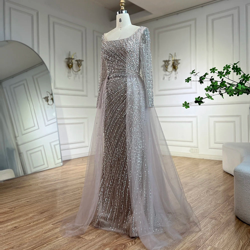 SERENE HILL 2024 Arabic Dubai Silver Gray Beaded Mermaid Evening Dresses Long Sleeves Gown With Skirt For Women Party GLA71618L