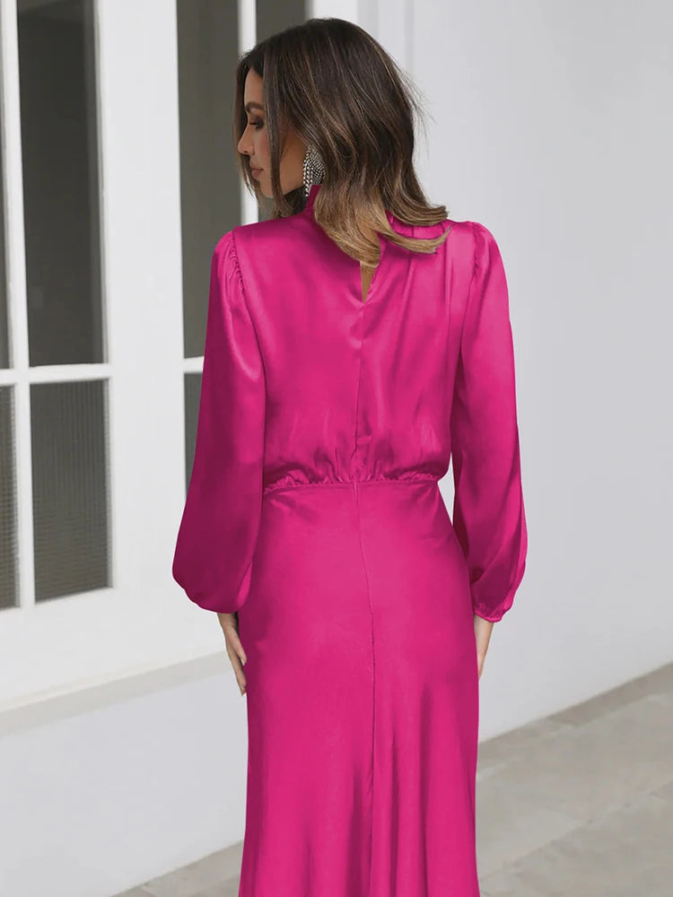 Spring Summer New High-End Satin Long Sleeved Dress Women's Ladylike Elegant Evening Dress Party Clothes Celebrity Dresses