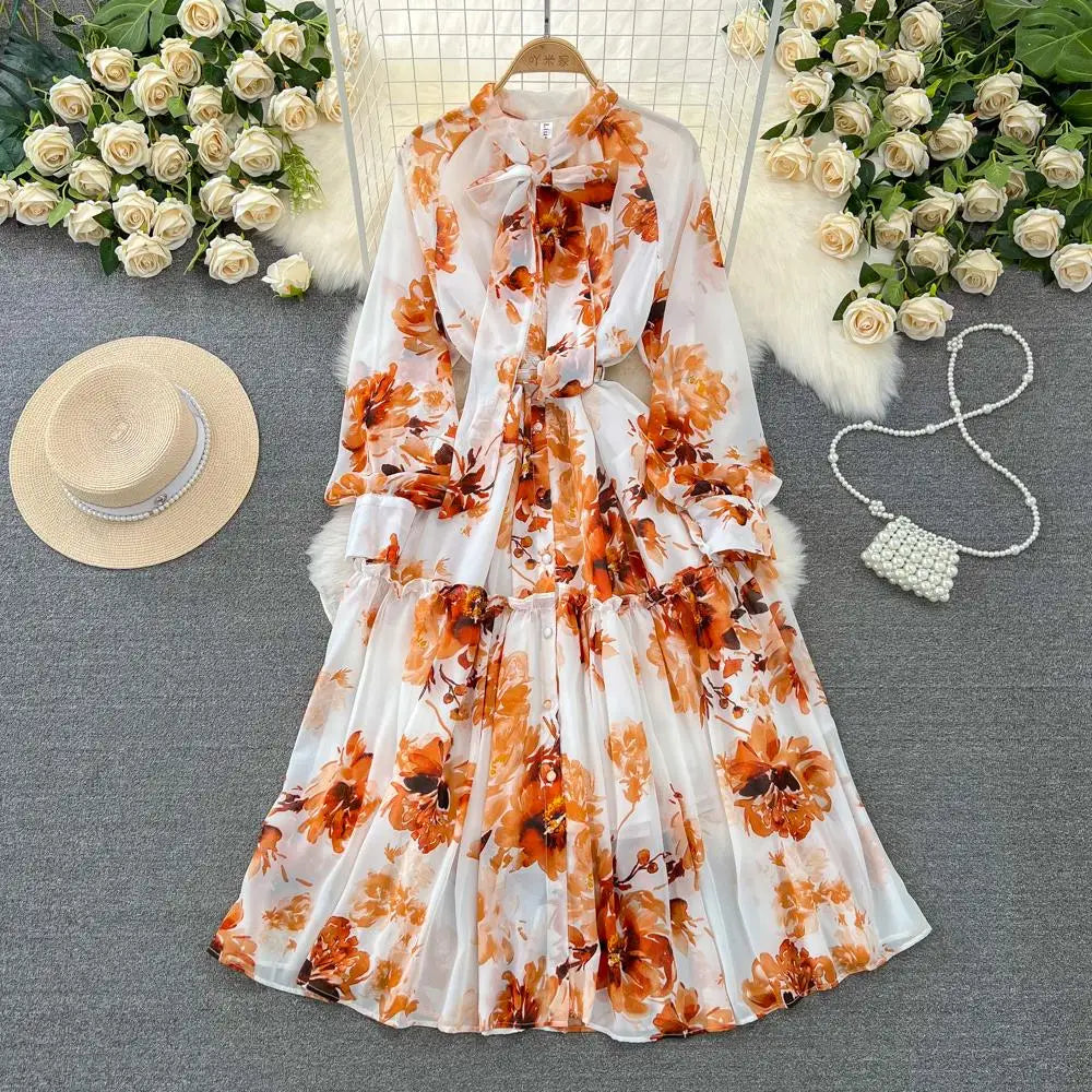 Elegant Casual Women Fashion Floral Print Long Dress Vintage Pleated A-Line Maxi Boho Beach Party Robe Female Clothes Mujers