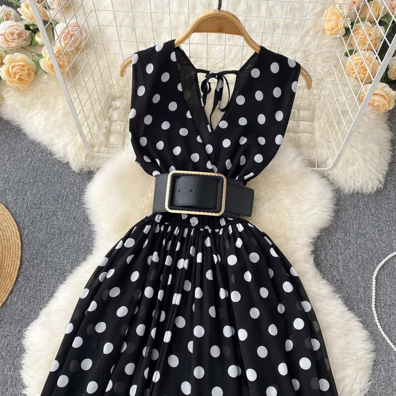 Women Chiffon Striped Jumpsuits Summer Sexy V-neck Sleeveless Elegant Wide-leg Long Pants Playsuits Ladies Dot Romper Overall