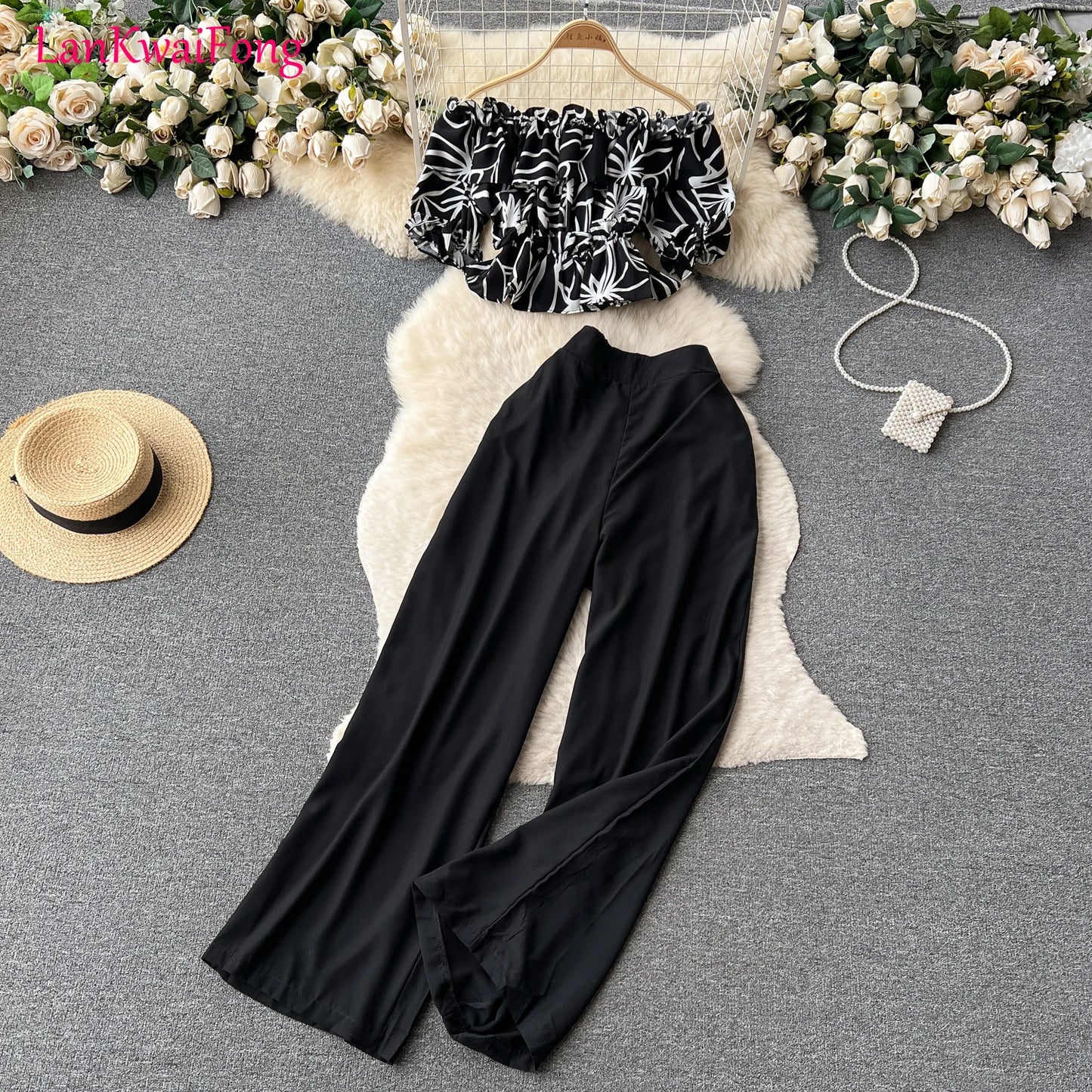 LKF Summer Casual One Piece Shoulder Lotus Leaf Edge Fragmented Flower Shirt Top Women's Wide Leg Pants Two Piece Set Wholesale