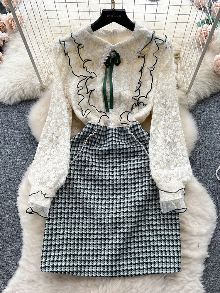 Winter Clothes Women Dresses Long Sleeve Lace Patchwork Textured Tweed Dress Ruffled Trim Lapel Collar Bow Elegant Mini Dress