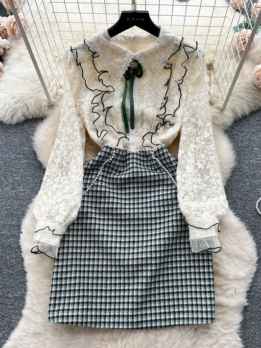 Winter Clothes Women Dresses Long Sleeve Lace Patchwork Textured Tweed Dress Ruffled Trim Lapel Collar Bow Elegant Mini Dress