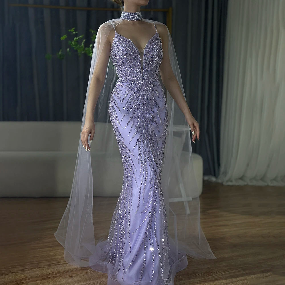 Serene Hill Spaghetti Strap Long Cloak Mermaid Caramel Beaded  Luxury Evening Dresses Gowns for Women's Party 2024 LA72768