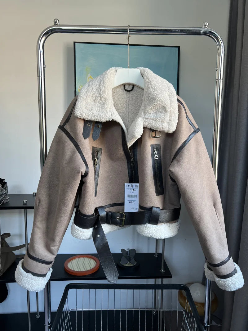 2024 TRAF New synthetic sheepskin women's Coat Thickened thermal bomber Jacket Y2K lapel vintage winter fashion